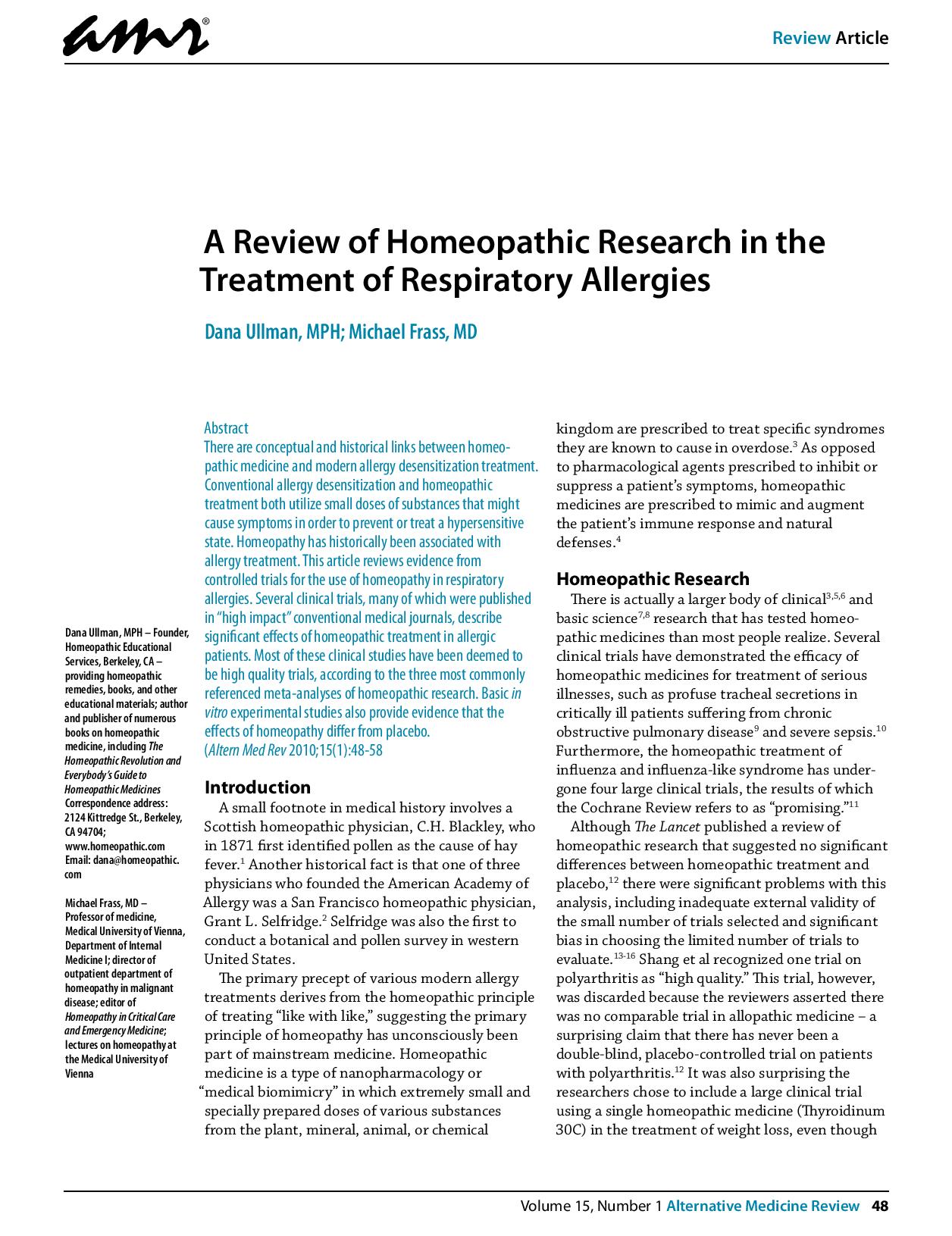 A review of homeopathic research in the treatment of respiratory allergies 2010 page 001